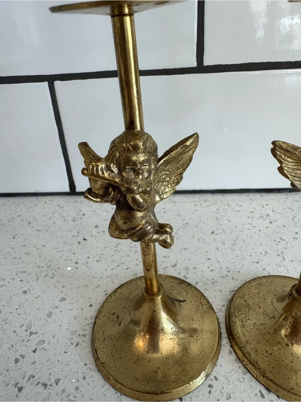 Vintage Pair Brass Cherub Angel Candle Holders
